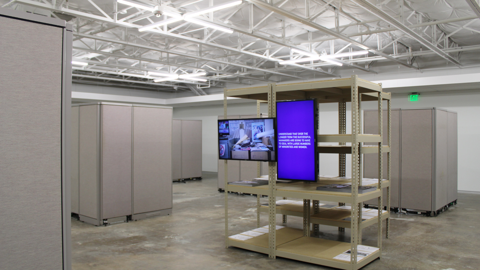 Gallery installation with cubicles, metal shelving, and two flat screen televisions