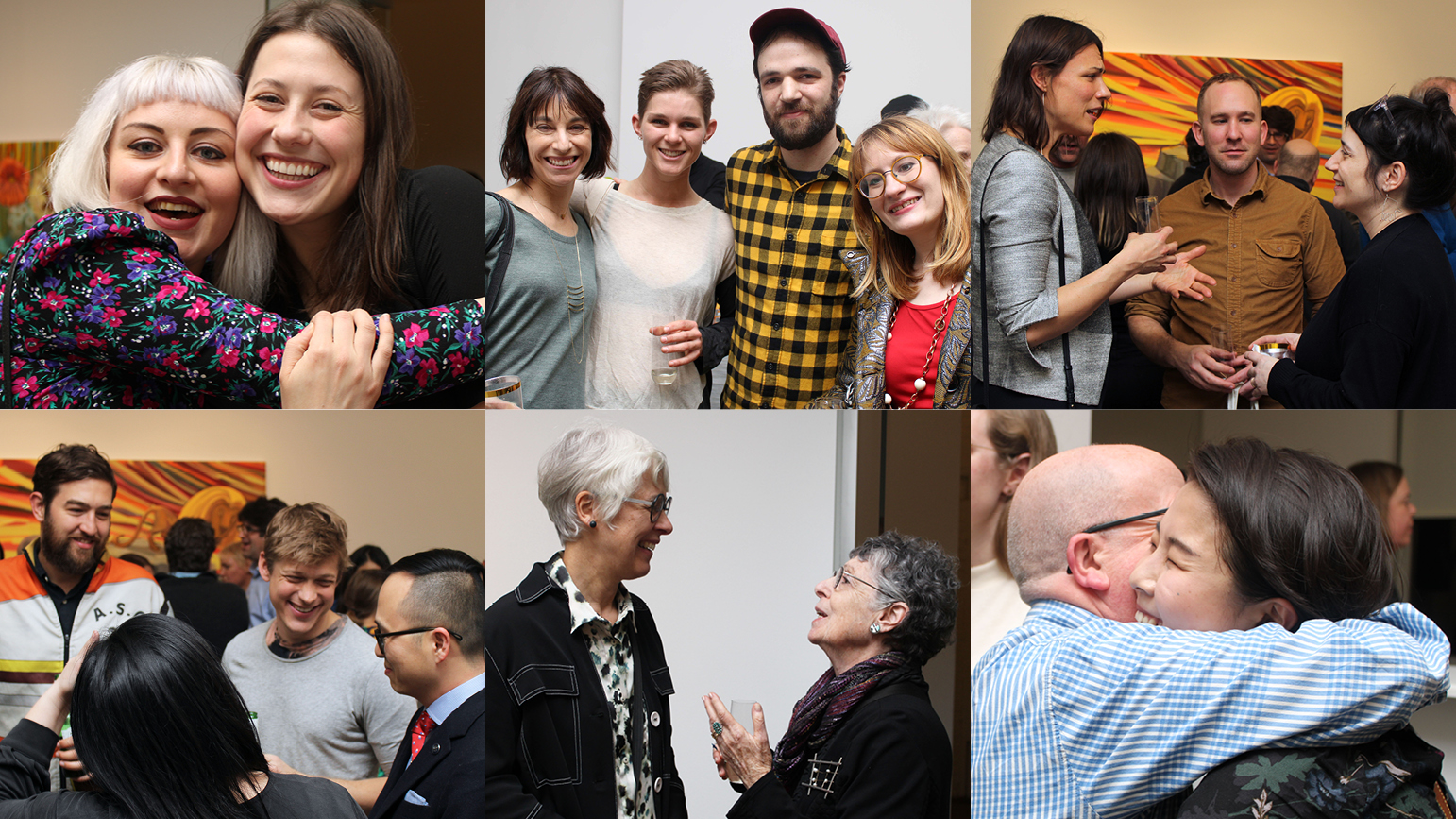 Six images showing groups of people posing and talking at an art gallery