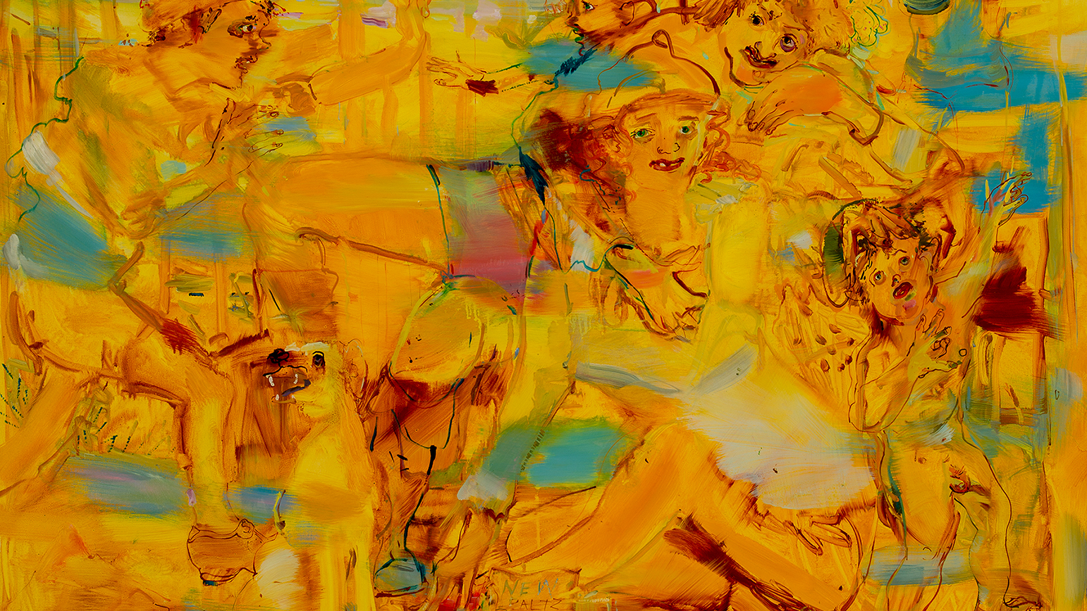 Painting by Angela Dufresne featuring loosely sketched human figures moving across the canvas against a yellow background with brush strokes of blue.