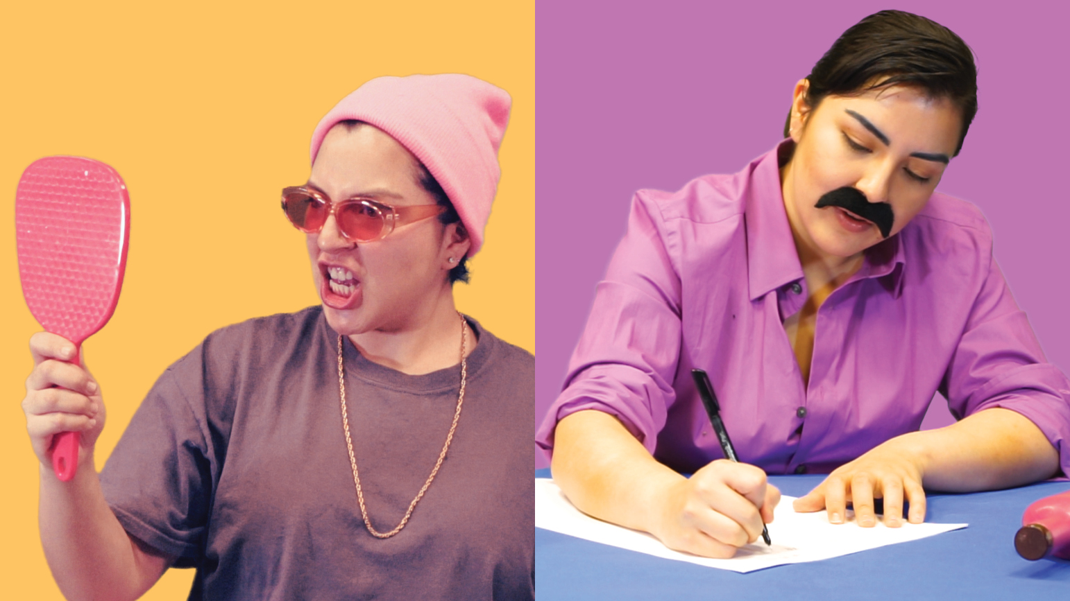 Two images of artist Nathalie Moreno dressed as Latino characters. In the first image, she is looking into a hand-held mirror with a grimace. The second image is her with a mustache writing at a table.