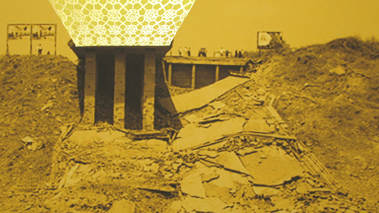 A photograph in yellow and brown tones showing a collapsed bridge. Above the bridge a pattern appears in a truncated upside down pyramid