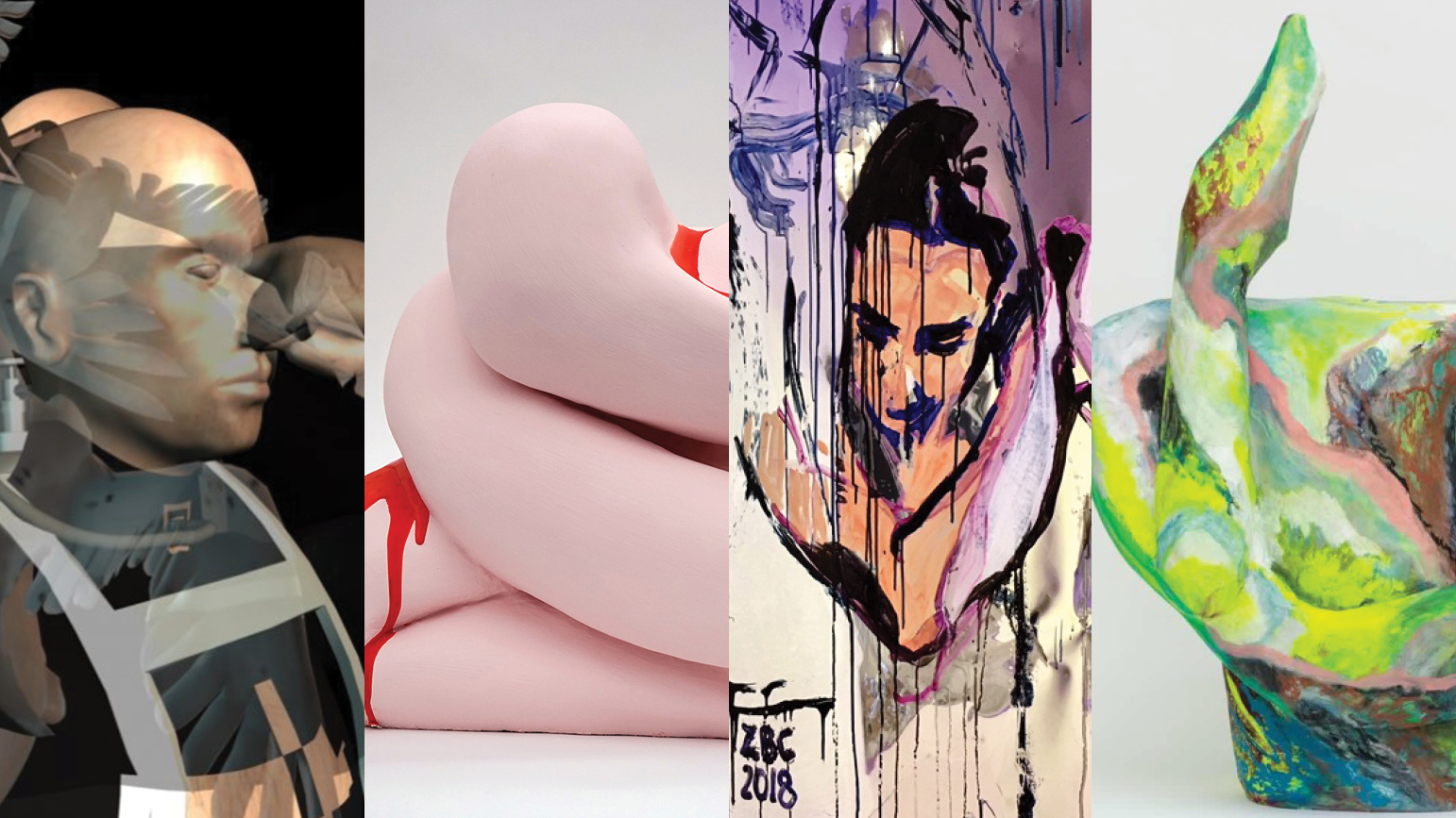 Four image: 1 - Digital image of a man in gold, white, and black, 2 - pink sculpture abstract sculpture with drips of red, 3- painting of a woman 4- abstract sculpture in green, pink, blue, and other colors