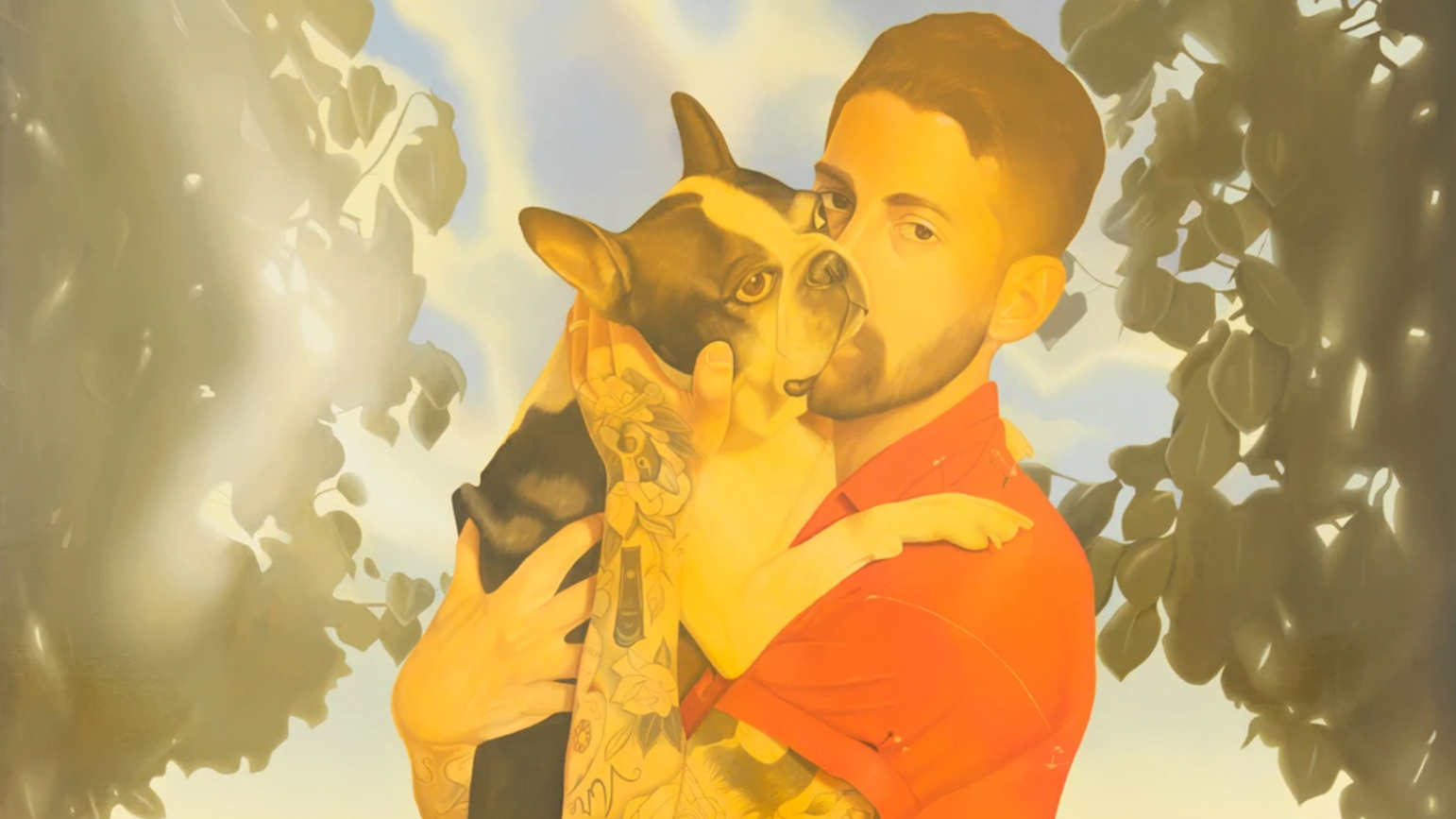 Painting of a man with tattooed arm holding a Boston Terrier