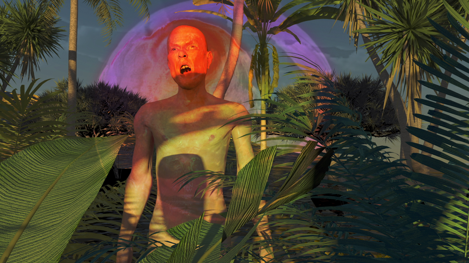 Digitally created image of a figure standing in a jungle with his mouth open at sunset or sunrise