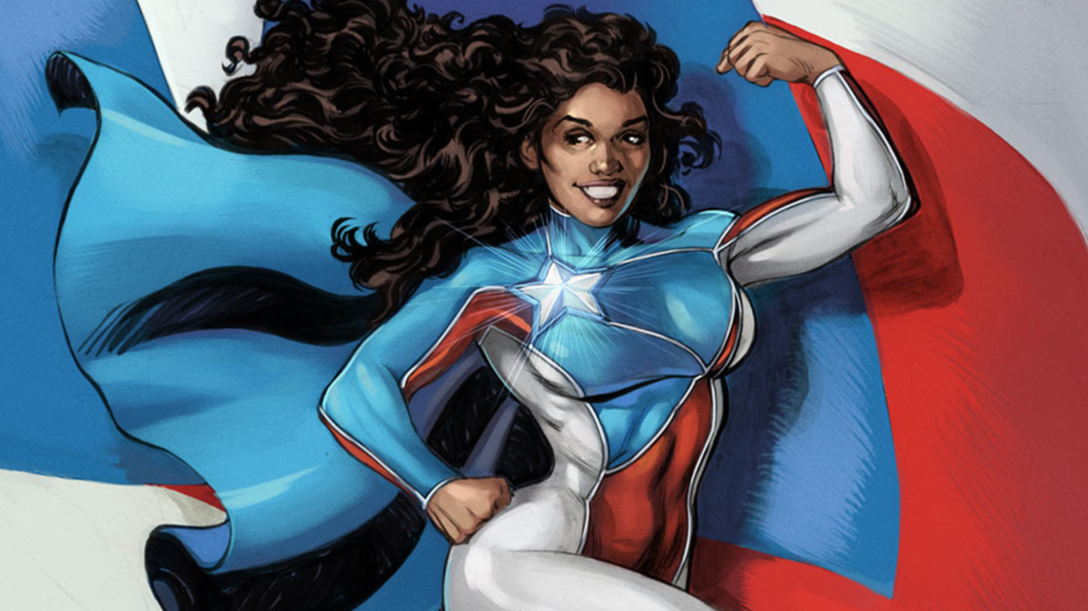 Comic book image of La Borinqueña, a superhero dressed in a Puerto Rican flag themed costume