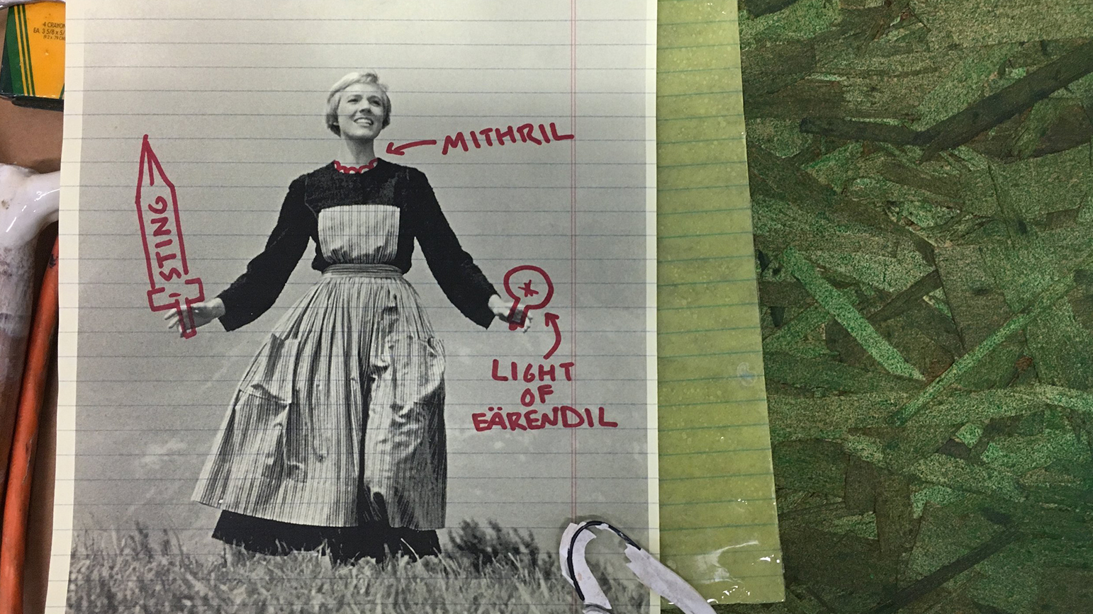 Image of Julie Andrews in Sound of Music with text of "mithril" "sting" and "light of earendil" written in red marker over it