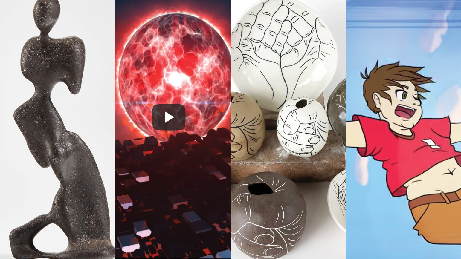 Four images: 1: image of an abstract sculpture of a human form; 2: still from music video showing big red sun; 3: images of ceramics items with hand decoration; still from video showing a falling anime character