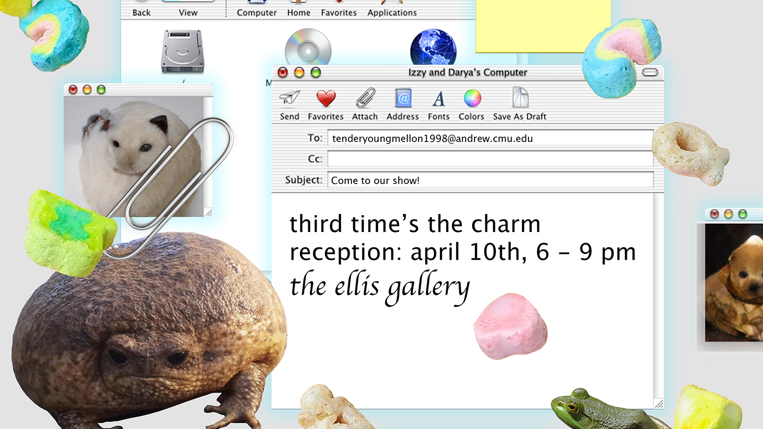 Image of a computer desktop with open email and assorted animal photos