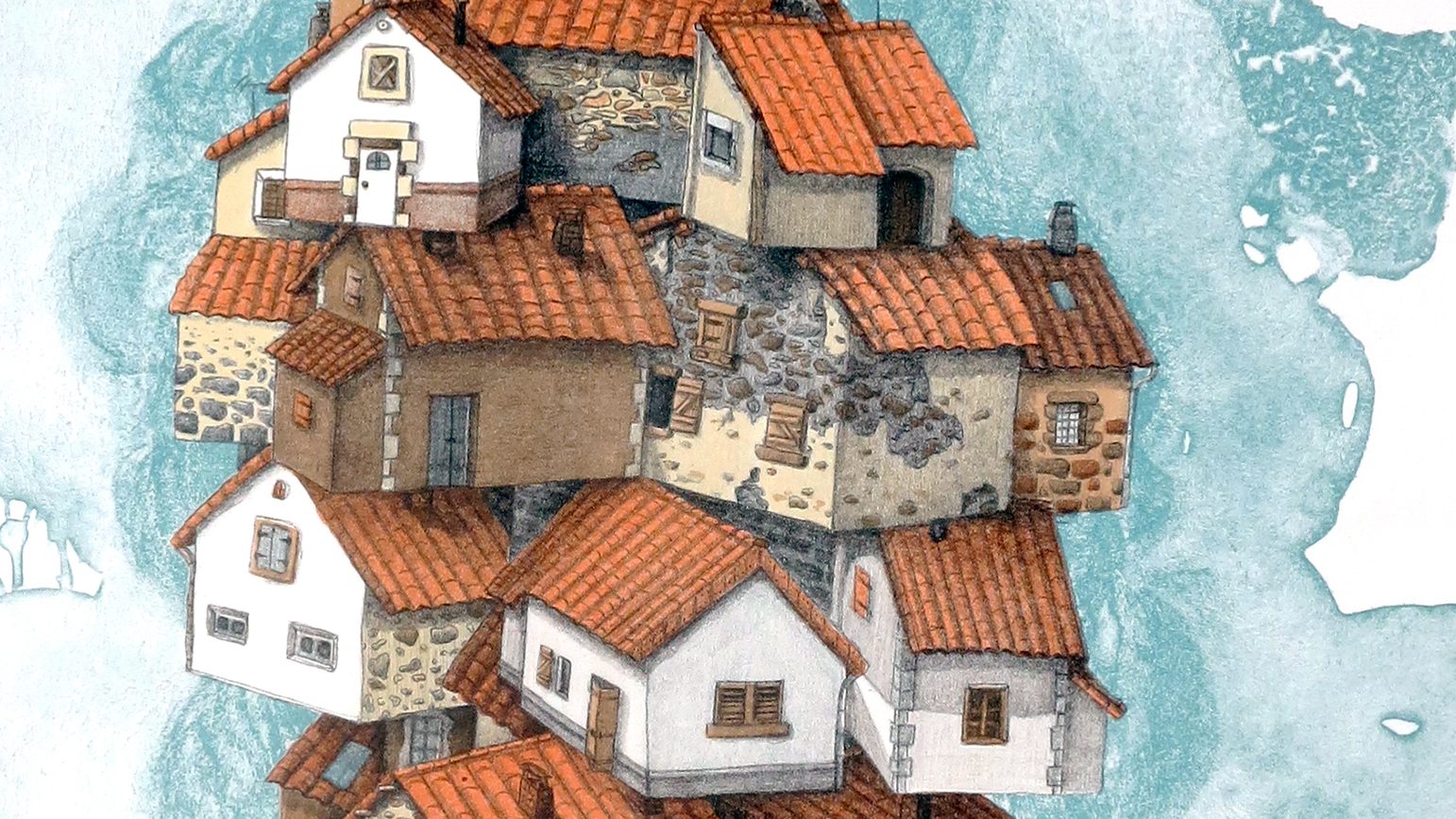 Detail of an artwork showing traditional cottage houses stacked on top one another
