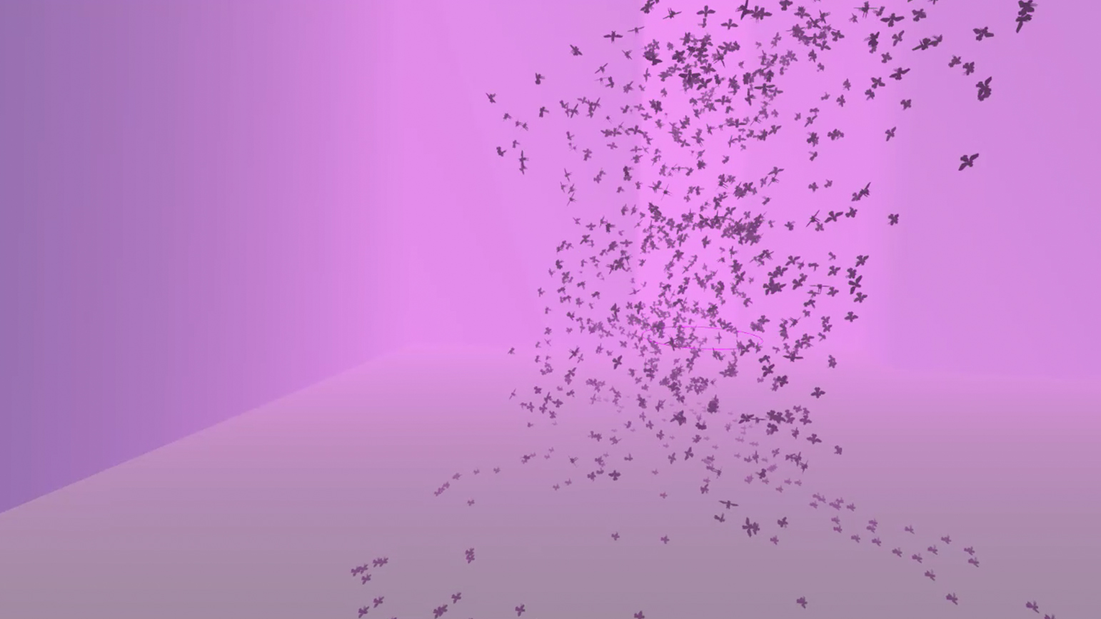 Computer generated images of a swarm of birds against a pink background.
