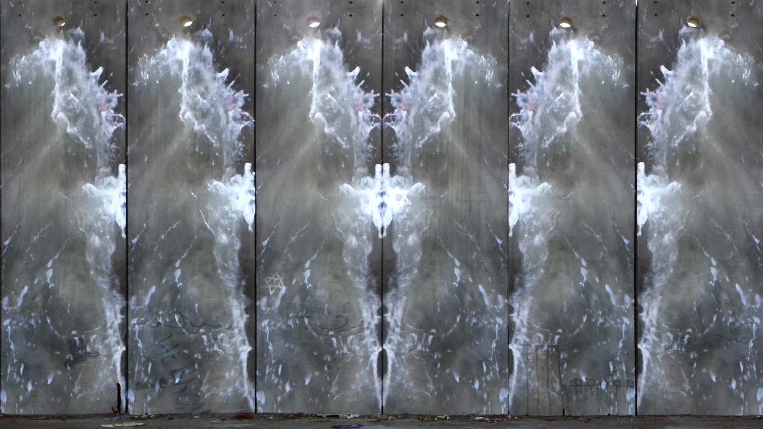 Still of video "Quench" showing a split screen with waves on concrete