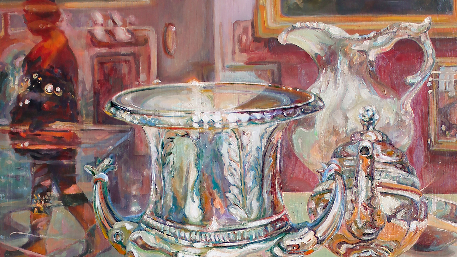 Painting of silver vessels reflecting many colors in a shop window