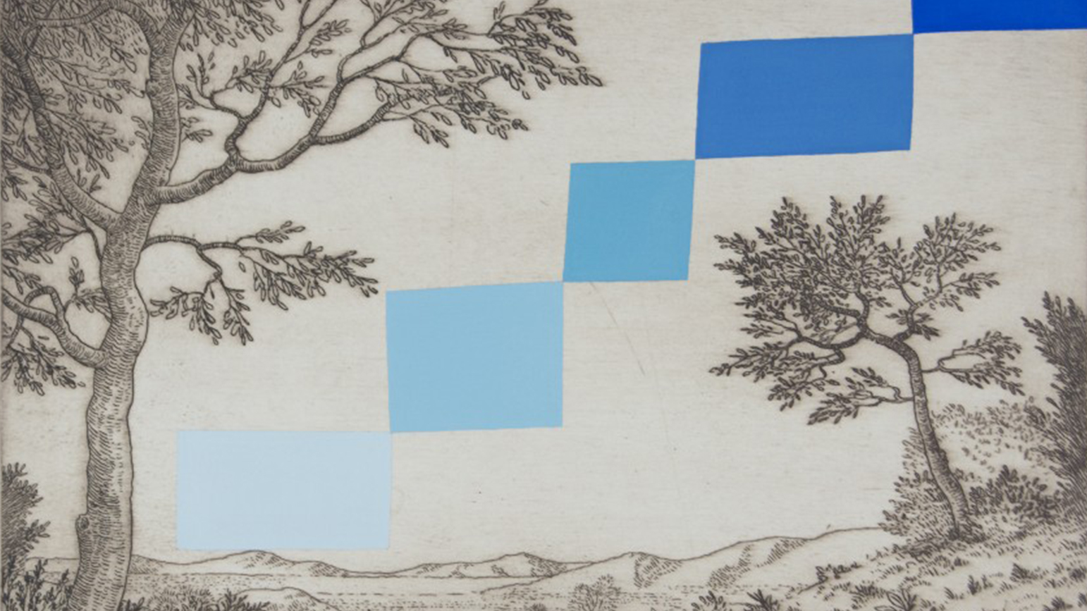 Black-and-white print of a classical landscape with rectangles of varying shades of blue painted over the image in steps
