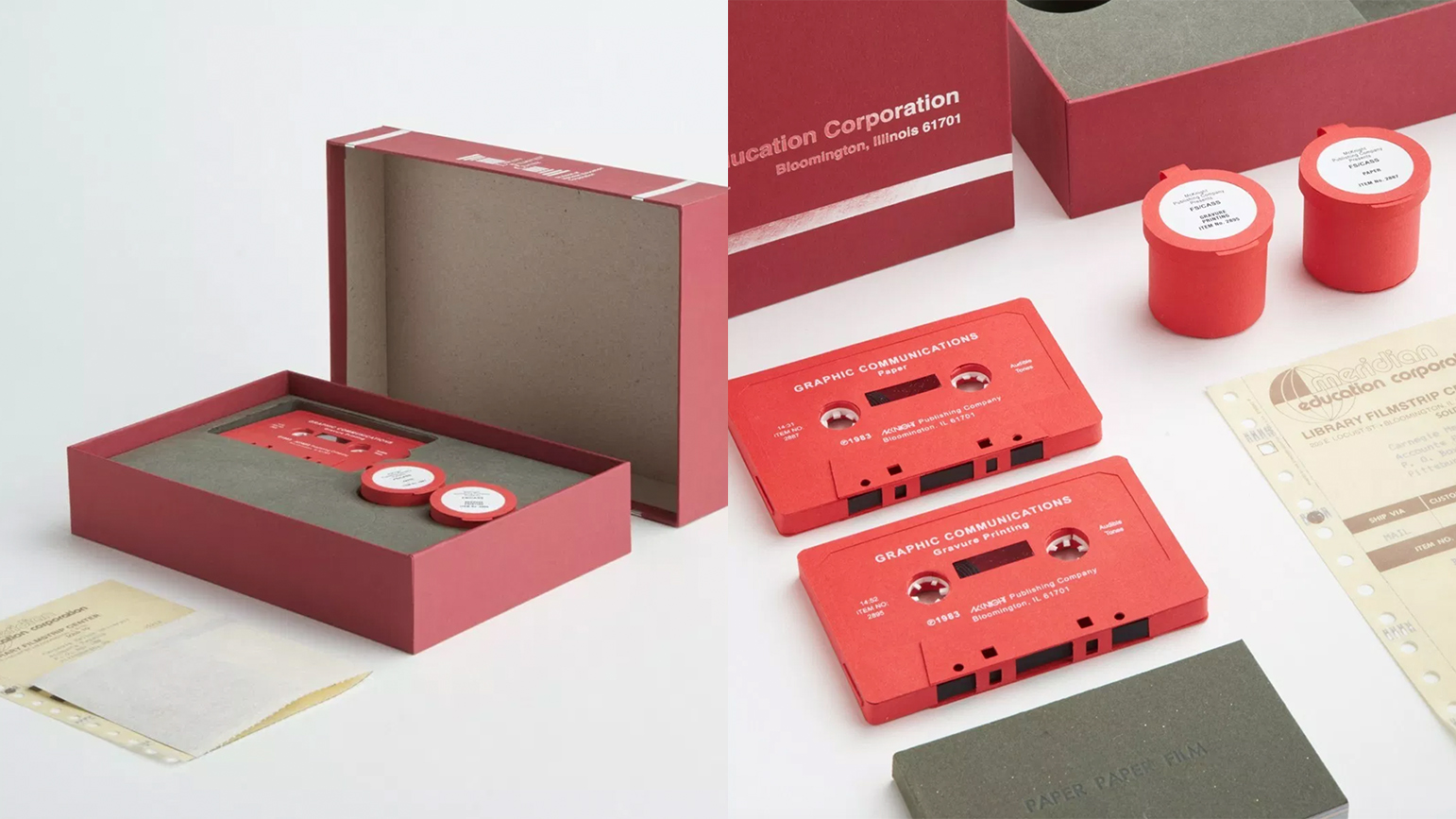 Two images of Paper Paper Film: a paper reconstruction of a red box set of with cassettes and film strips