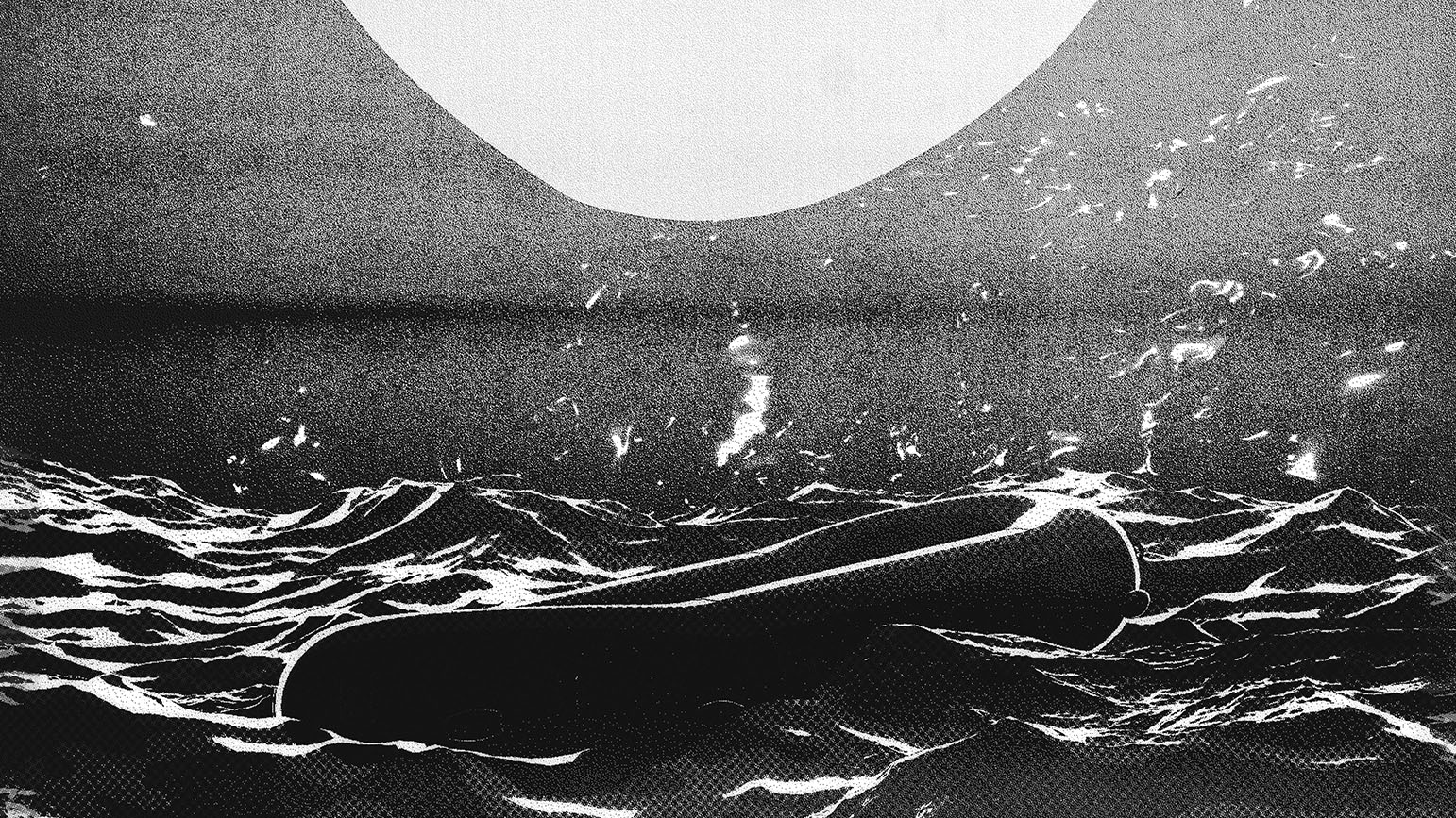 Digital black and white image of a raft on rough water under an oversized moon