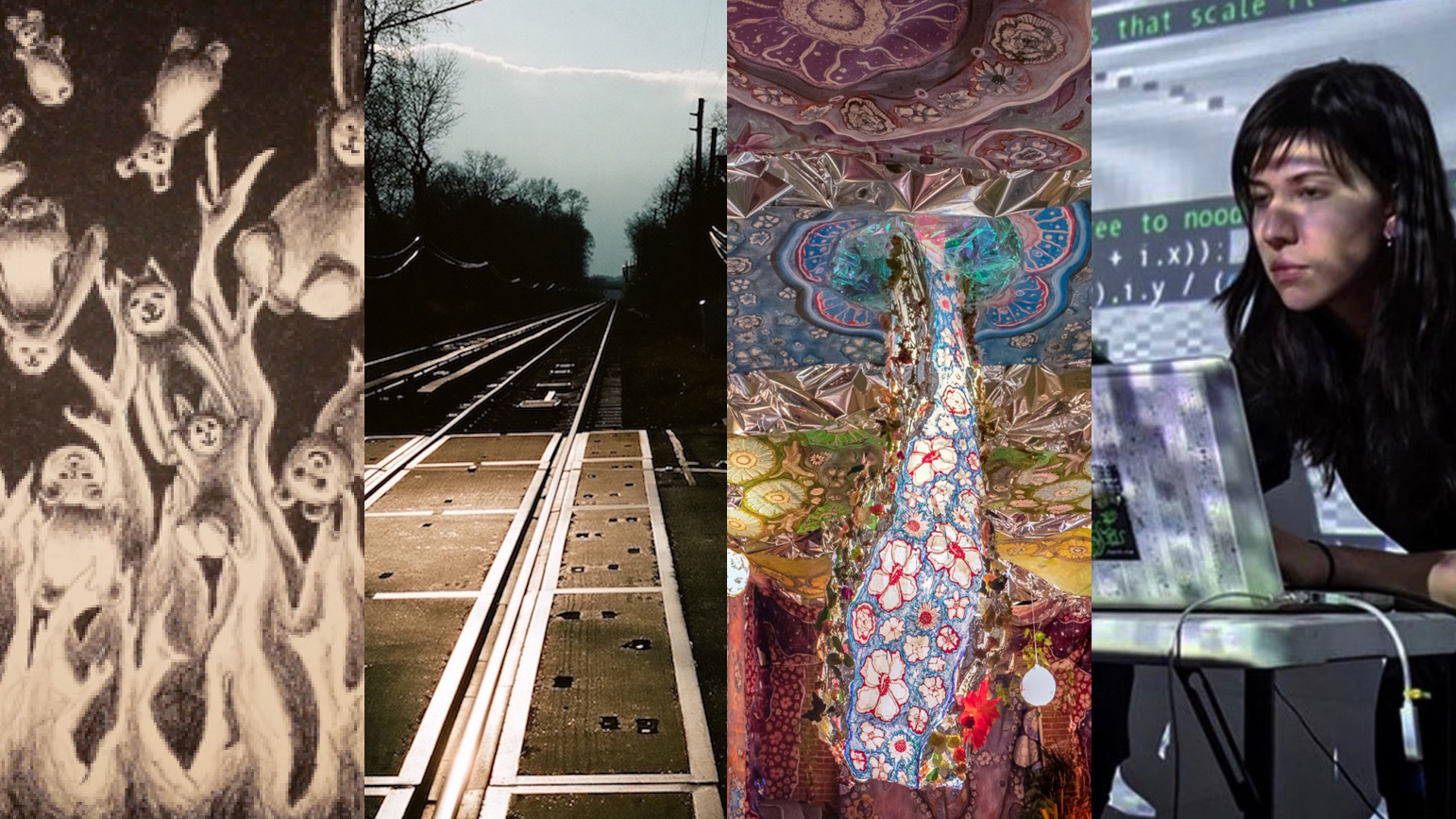 Four artworks: 1) Drawing of stuffed animals and flames; 2) Photograph of train tracks; 3) Colorful abstract work; 4) Photo of a person sitting at a laptop with a screen behind them