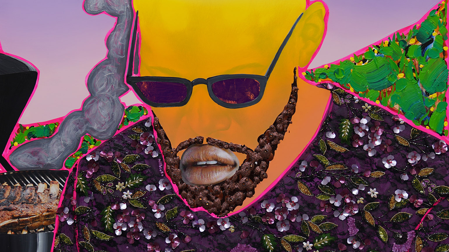 Painting of a man with sunglasses with a grill with ribs and smoke in the background.