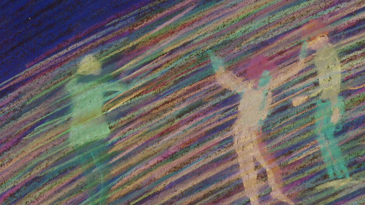 Still from "Tugging the Worm" showing hand drawn figures against a streaked colorful background