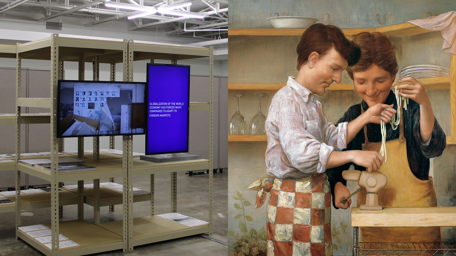 Two images - 1. metal shelving with two television screens; 2. painting of two men making pasta