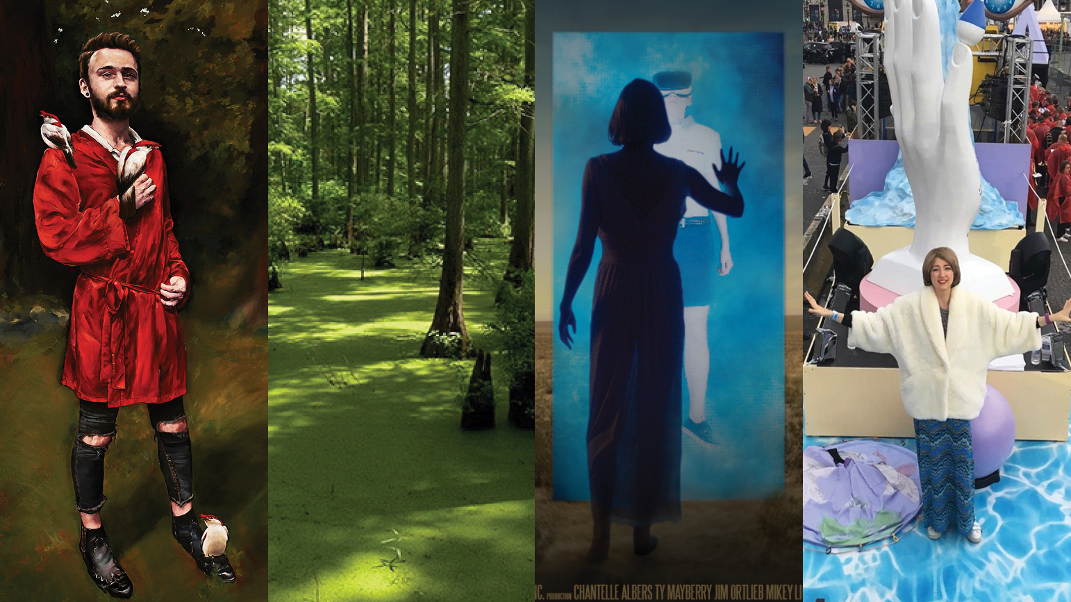 Four images: 1) painting of a young man; 2) photograph of a forest; 3) silhouette of a woman in front of a door; 4) woman on a parade float with her arms outstretched