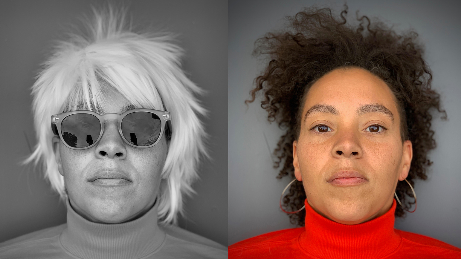 Two headshots of Alisha Wormsley, one in black and white dressed as Warhol and the other in color without costume