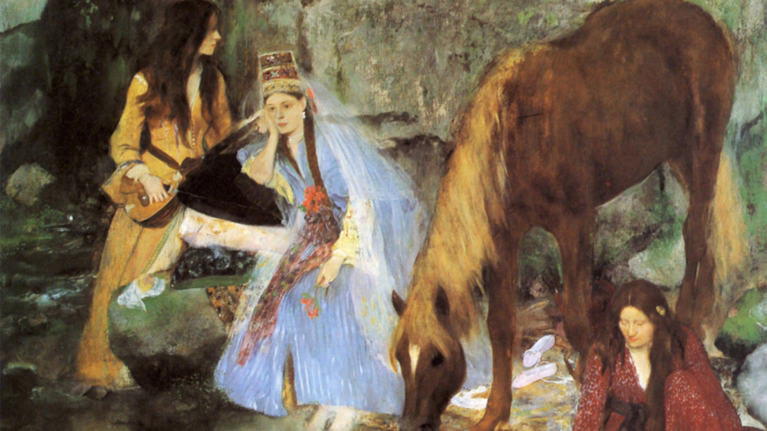 Degas painting of three figures and a horse by a stream