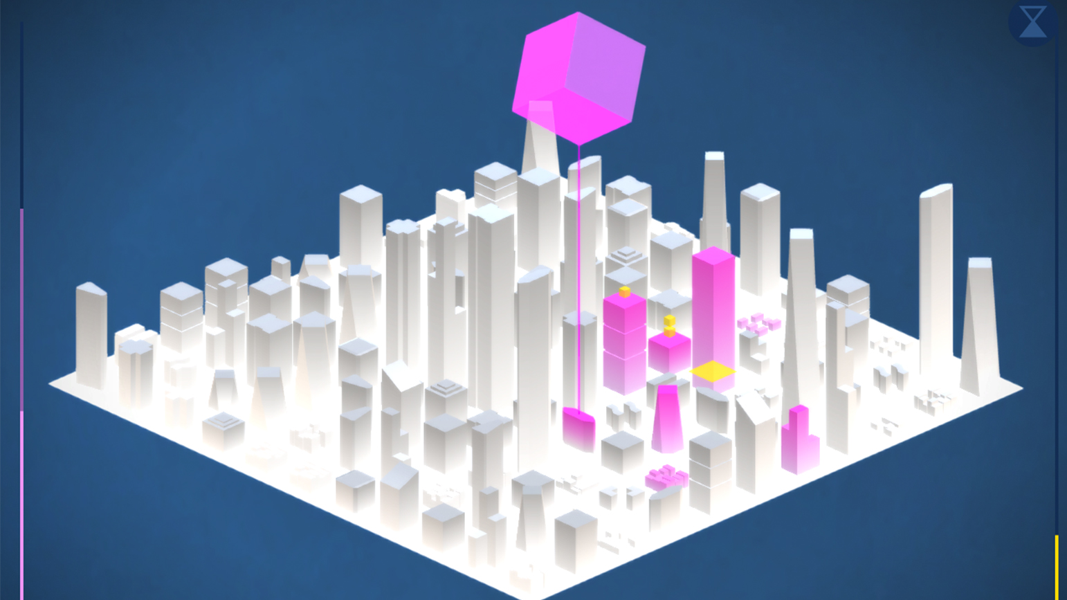 Still from video game showing simplified geometric city square of skyscrapers
