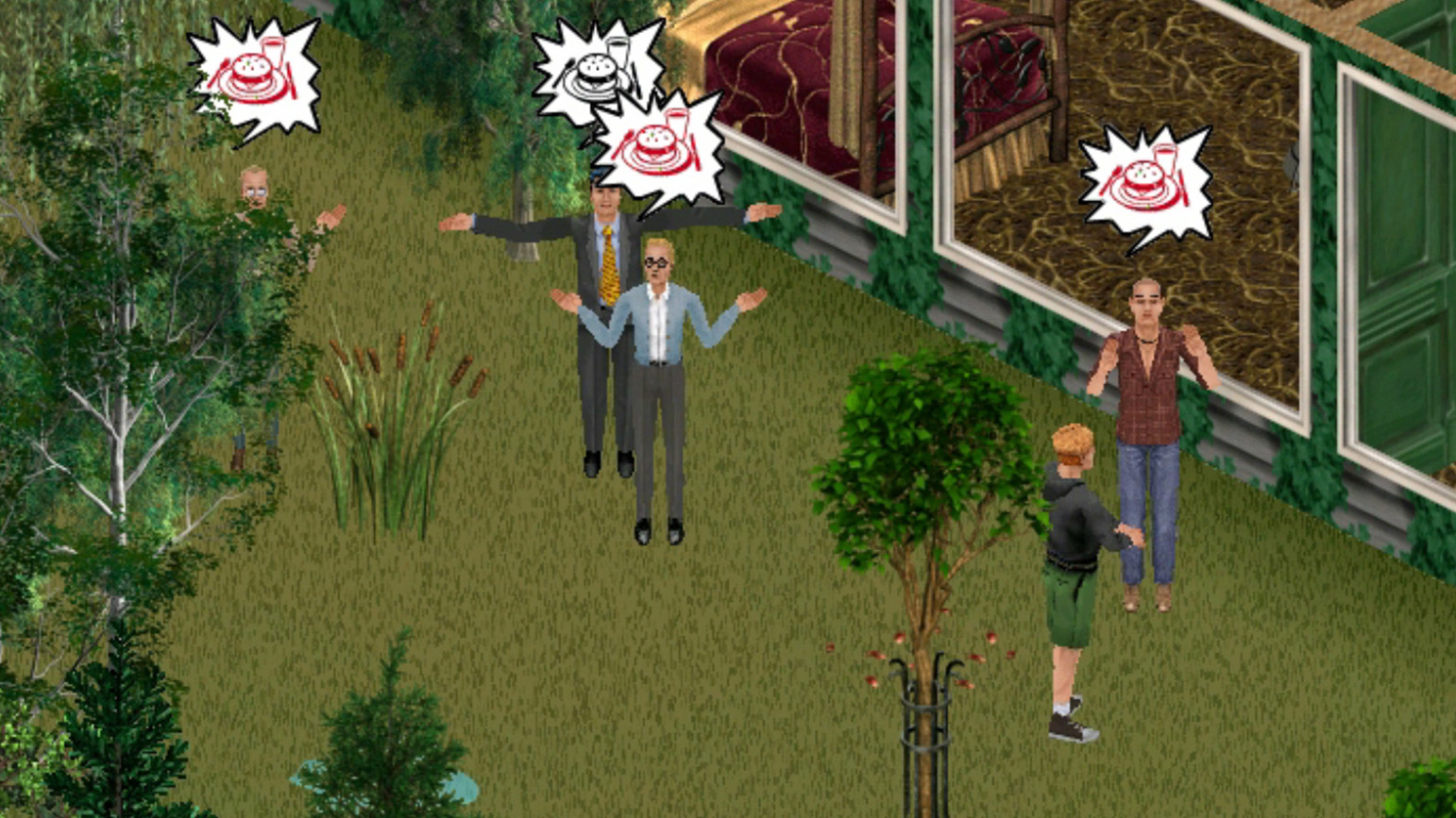 Still from artistic intervention in The Sims, showing several characters with speech balloons with burgers