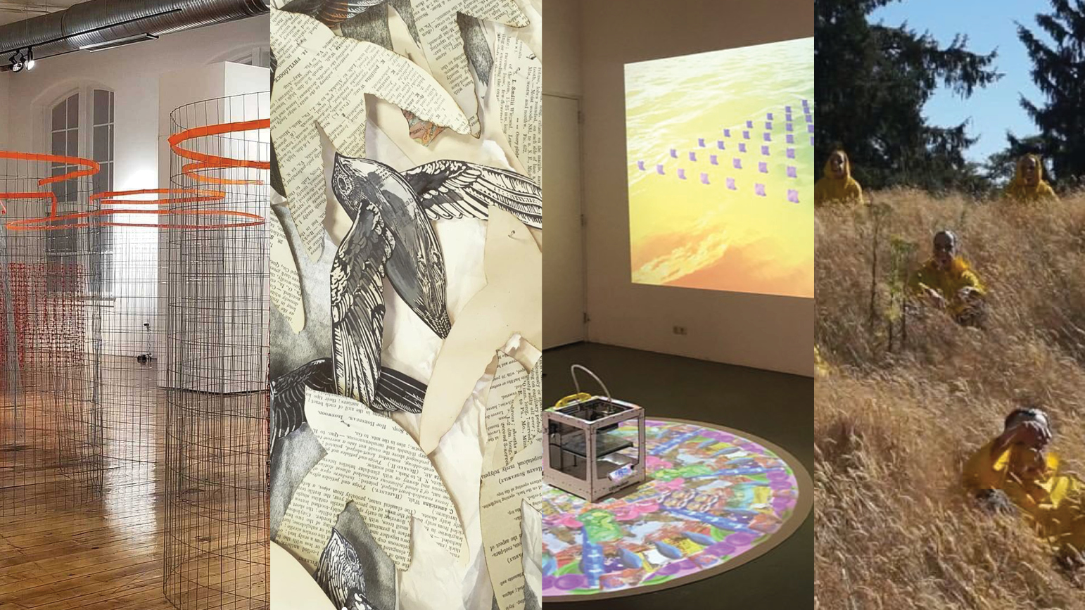 Four images of artworks - 1. abstract wire sculptures; 2. birds cut out of book pages, 3. small square sculpture sitting on the floor with a projection behind, 4. still from a film with monks sitting in a field