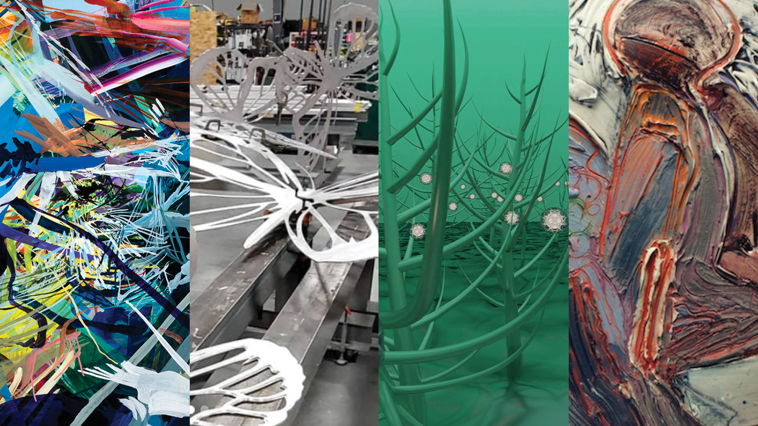 Four images: 1. Abstract painting; 2. Metal sculptures of butterflies; 3. Abstract digital image of nature; 4. Abstract ceramic work