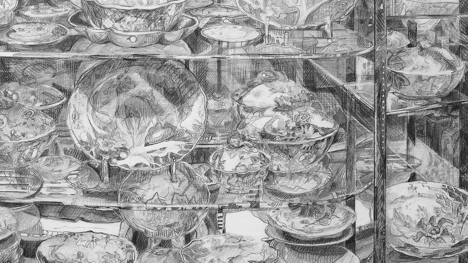Drawing of many dishes on a glass display