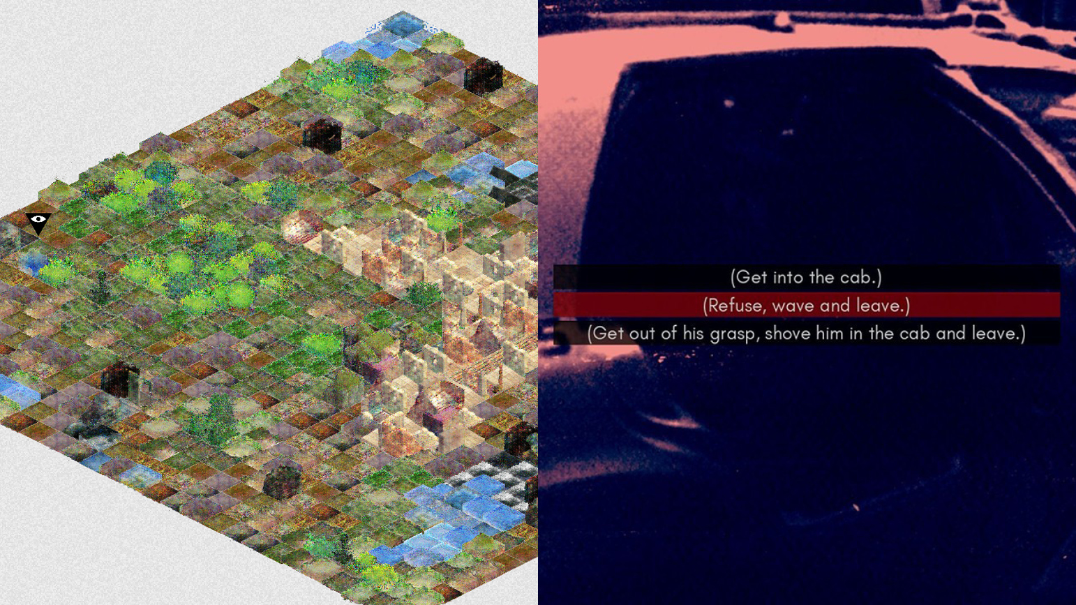 Two stills from video games, one showing digital terrain floating against a white background and the other a stylized image of a taxi