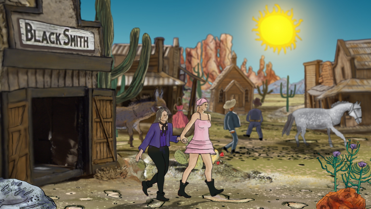 Video still of a cartoon set in old western time with two women holding hands in the foreground