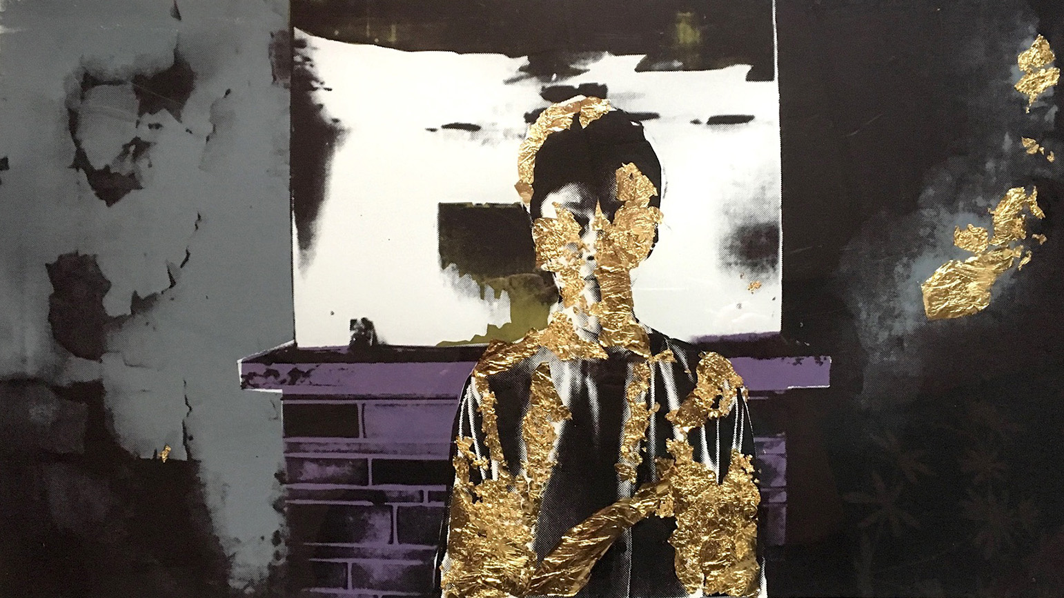 Screenprint of a woman standing in front of a fireplace with gold leaf