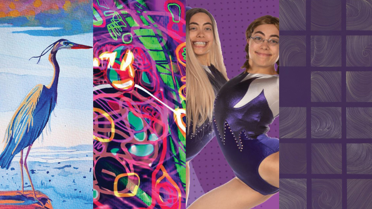 Four artworks: painting of a crane; abstract digital work; photograph of two gymnasts (the same person in two different costumes); abstract gridded work