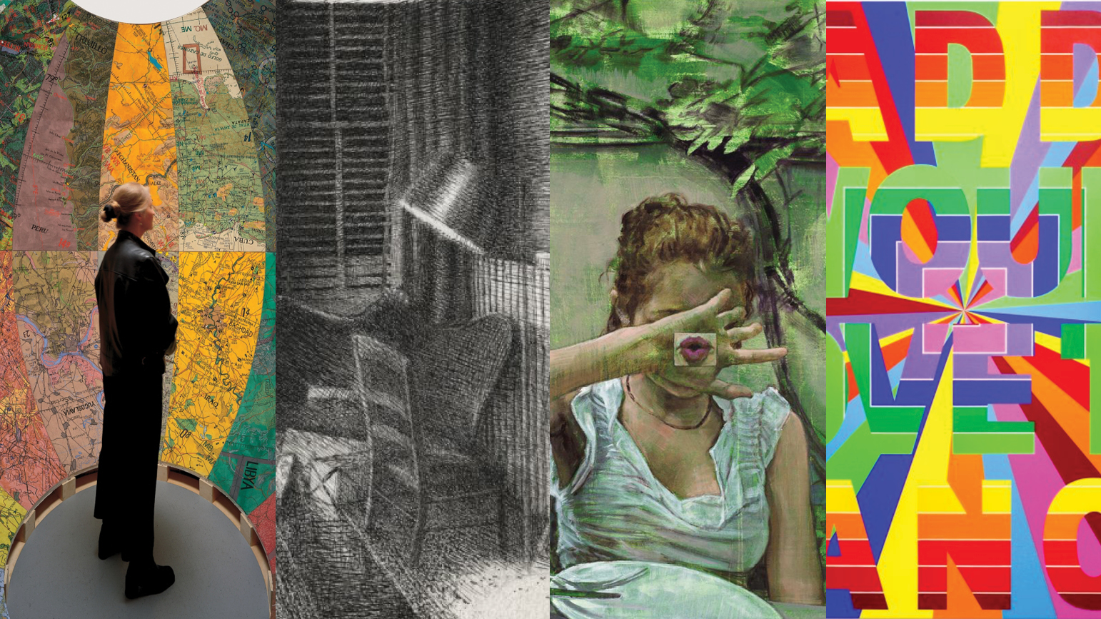 Four images: woman standing is a sphere surrounded by maps; pencil drawing of a living room; painting of a woman with her hand in front of her face; hard-edged geometric painting