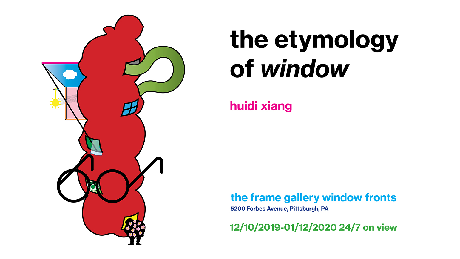 Cartoon graphic of a red blob with windows
