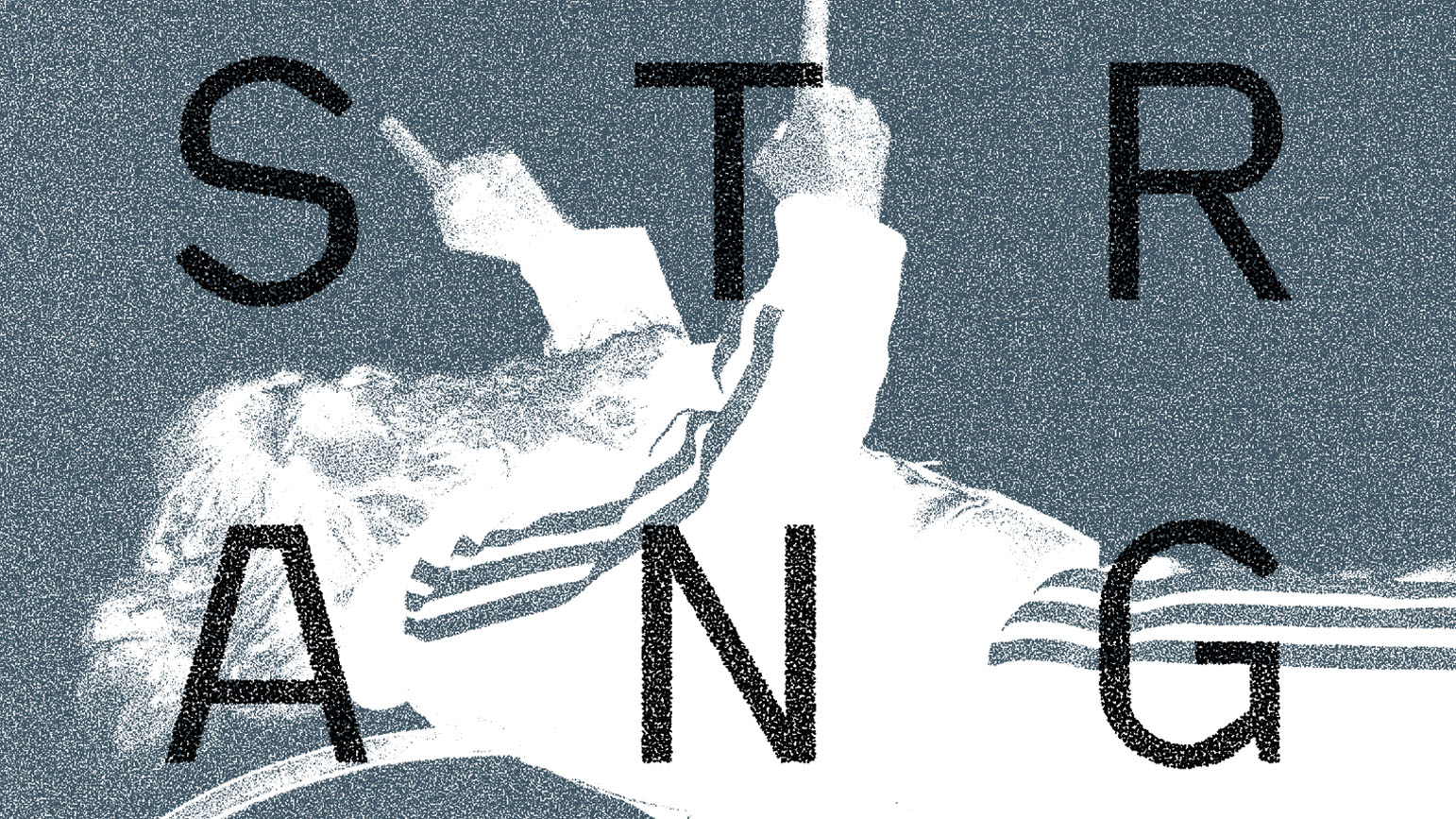 Pixelated high contrast image of a man pointing with both hands and the word "Strange" written in large capital letters