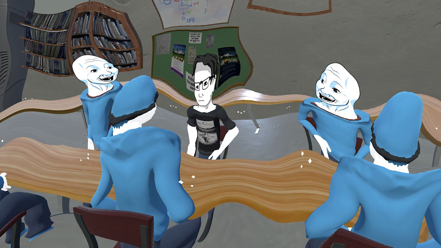 Warped still animation of 5 people sitting around a table, four wearing identical blue hoodies