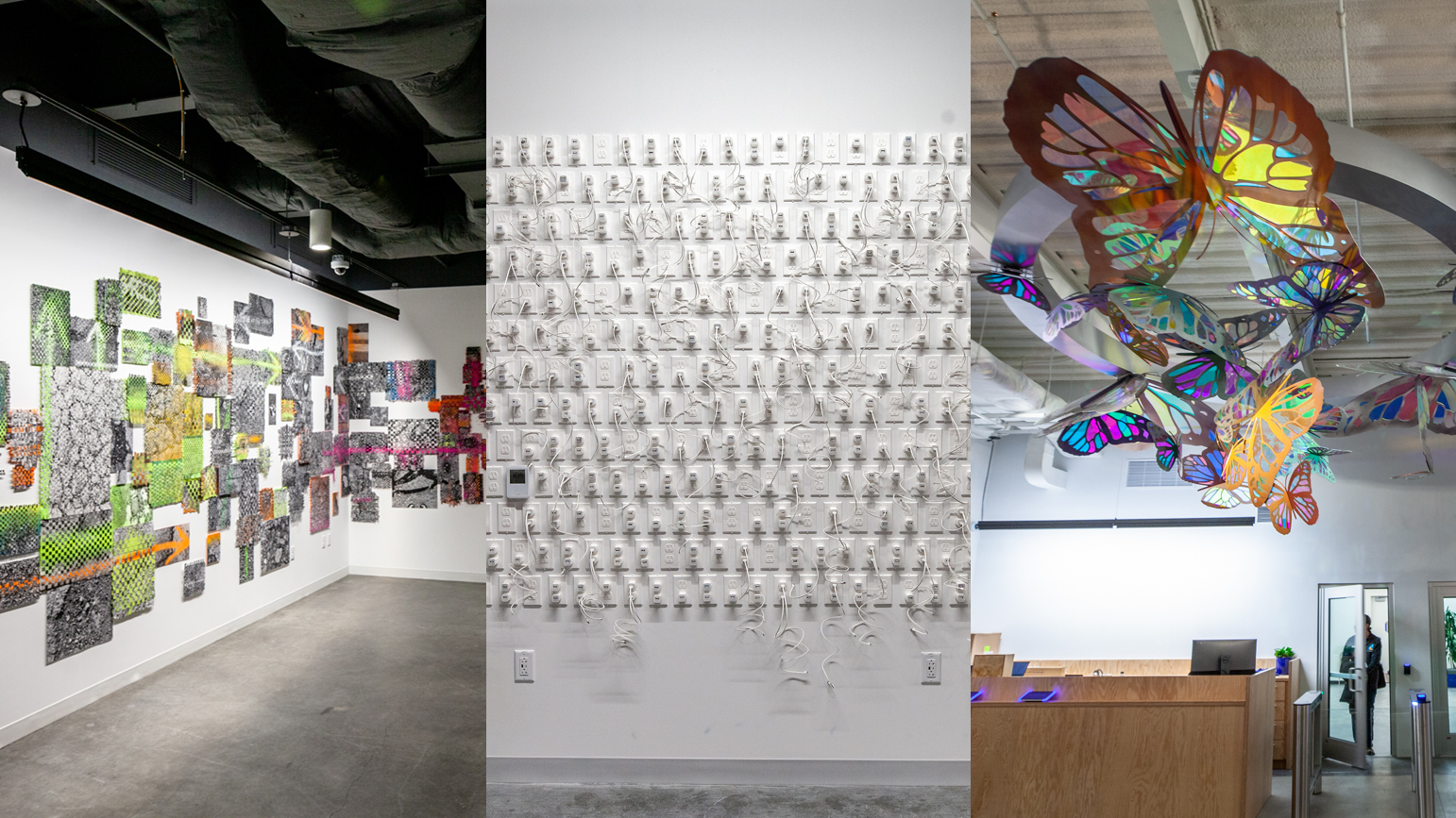 Three installations at Facebook in Pittsburgh: abstracted photographs of pavement, iPhone chargers made of paper, and iridescent butterflies