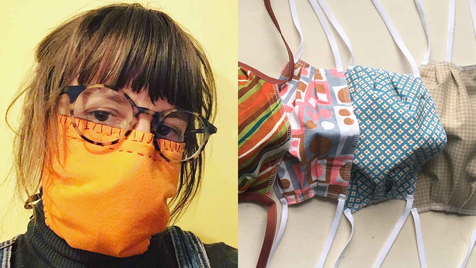 Image of Jenn Gooch wearing a hand-sewn maks and image of several masks lined up