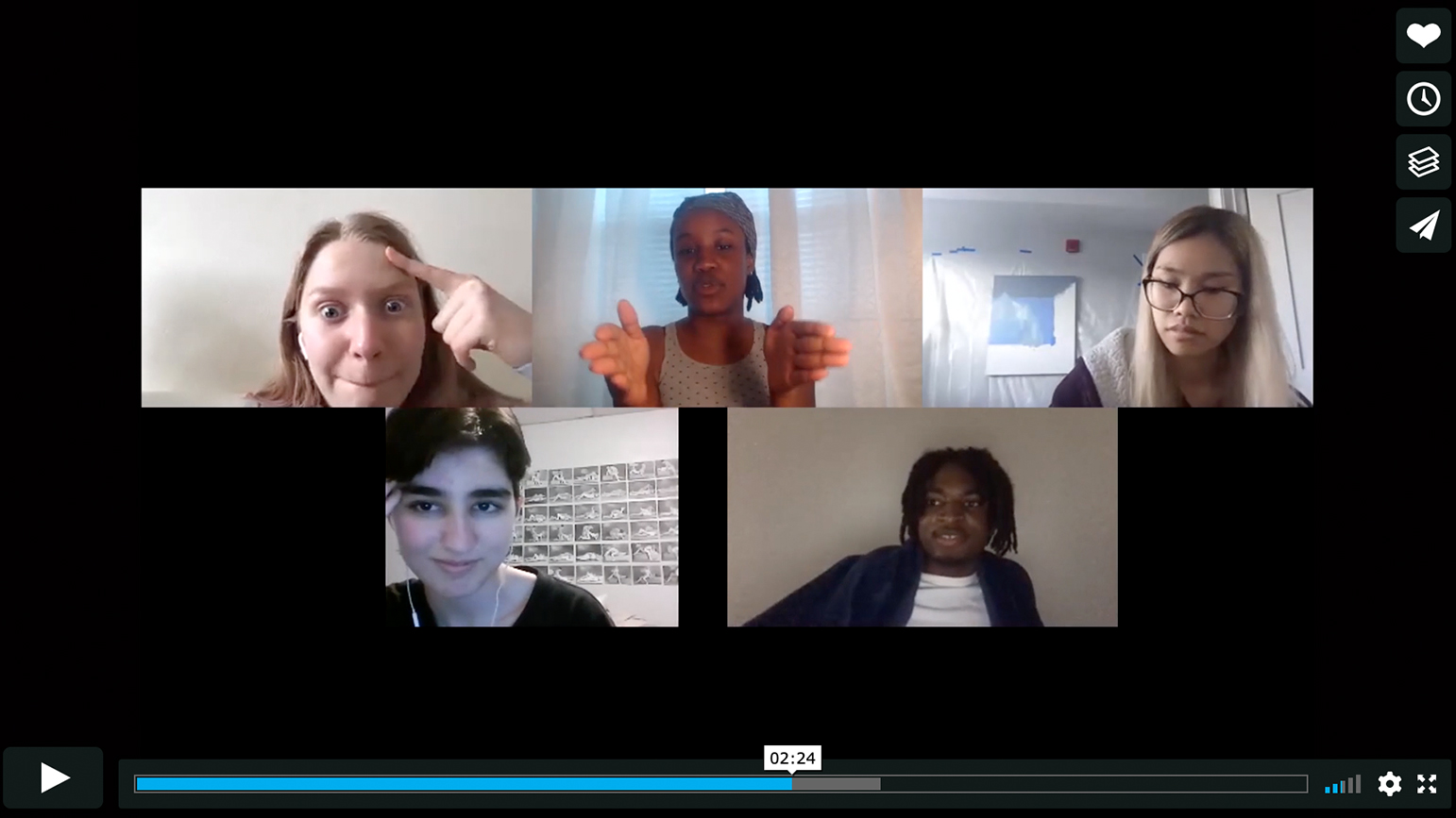 Still from a video showing five people talking on Zoom