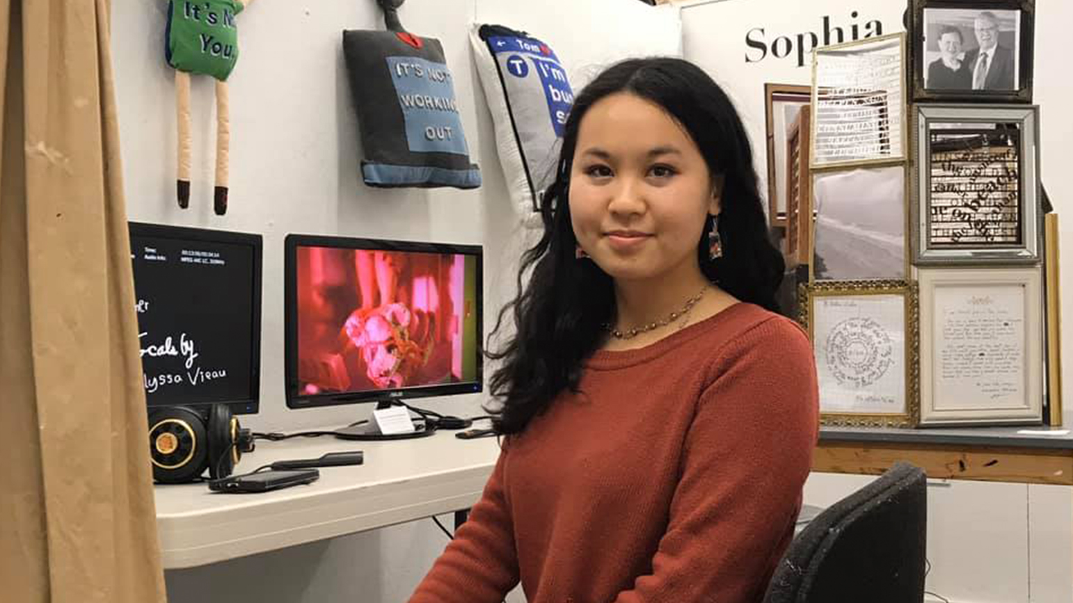 Photograph of Sophia Qin sitting in her studio at Carnegie Mellon University