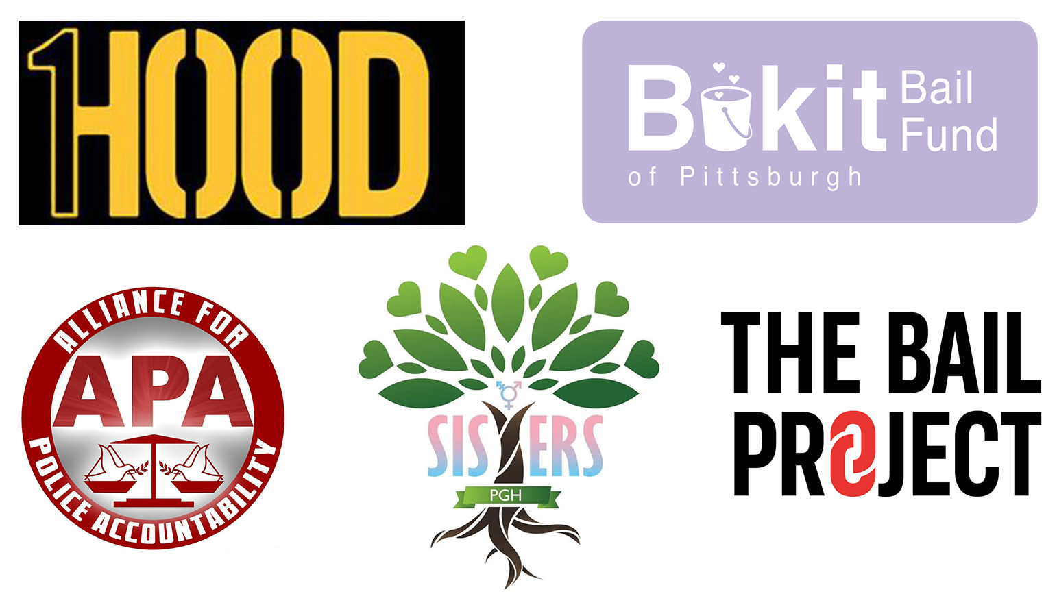 Logos for 1Hood Media, the Buiki Bail Fund, the Alliance for Police Accountability, SisTers PGH, and The Bail Project