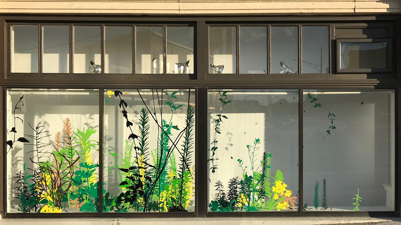 Storefront windows with vinyl cutouts of various plants