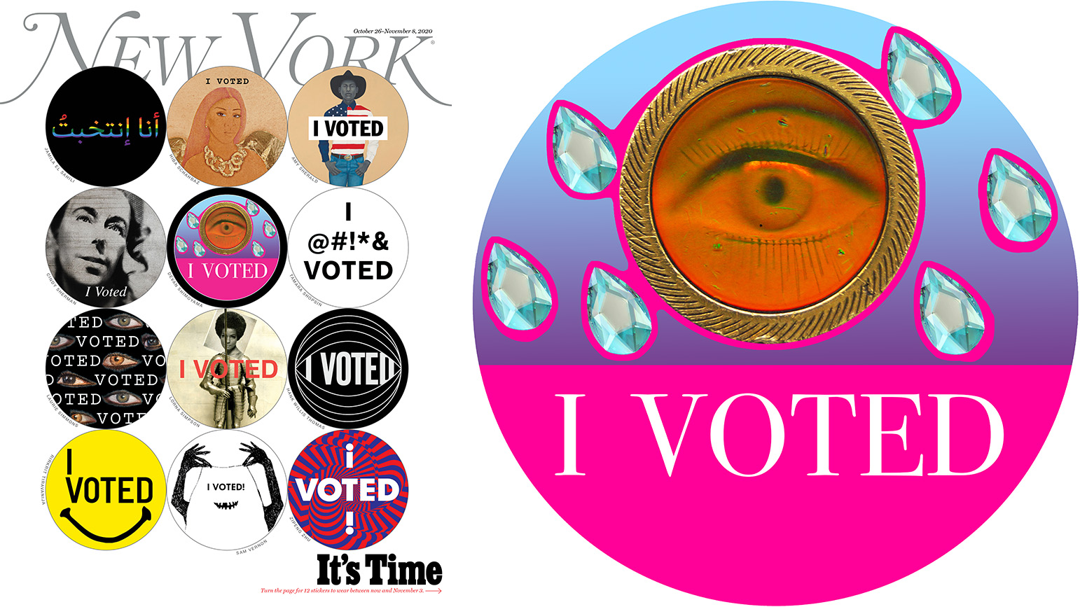 Cover of New York Magazine with 12 circular stickers, each with a different I Voted design; Devan Shimoyama's I Voted sticker with a eye surrounded by crystal teardrops