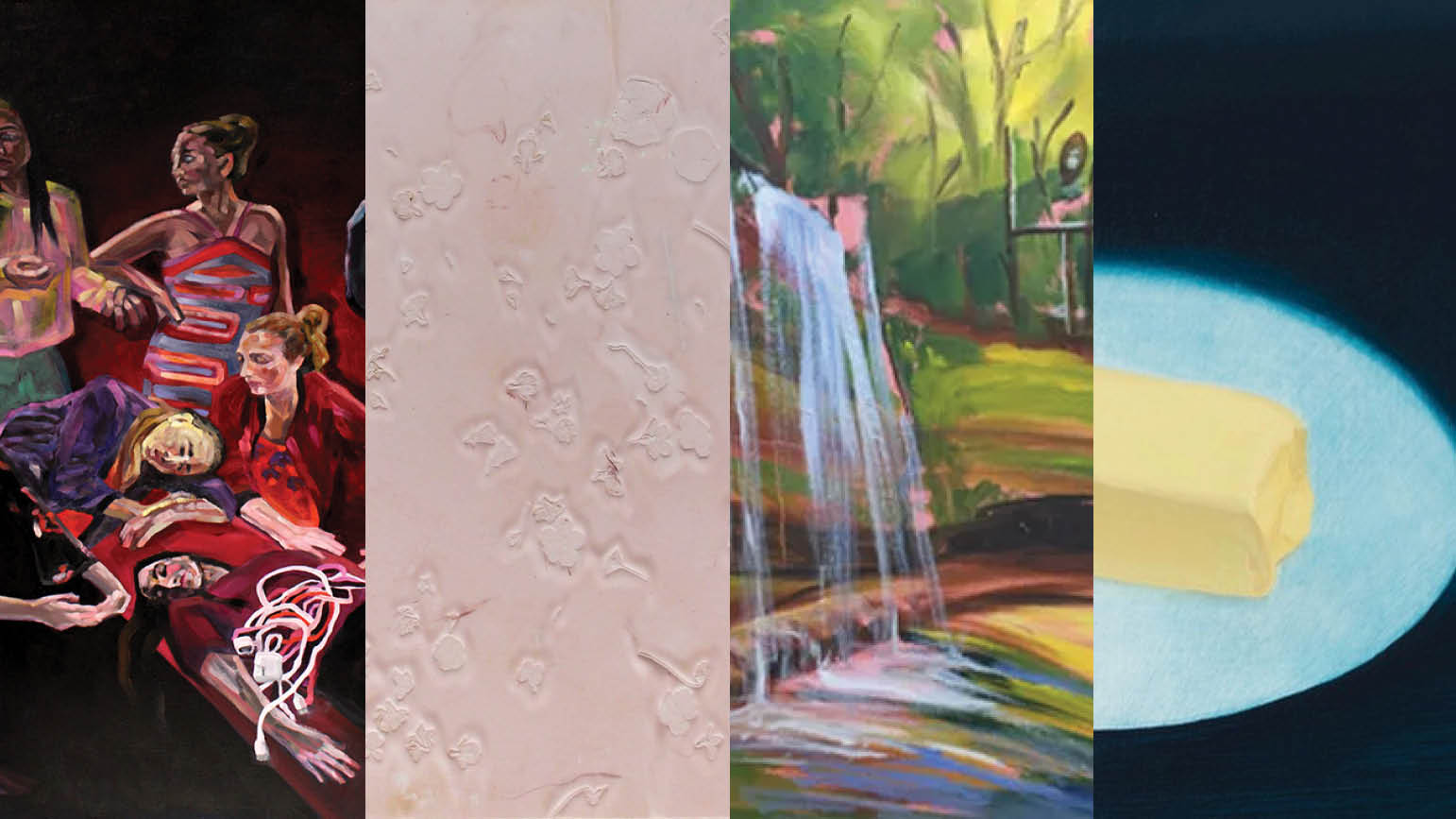 Four close ups of artworks: painting of a group of women, paper rubbing of plants, painting of a waterfall, and a painting of a stick of butter.