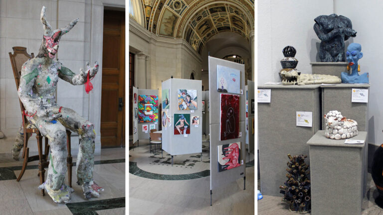 Three images of artwork installed at CMU: an oversized monster made of recycled materials; several paintings hanging on temporary walls; an assortment of ceramic sculptures on pedestals