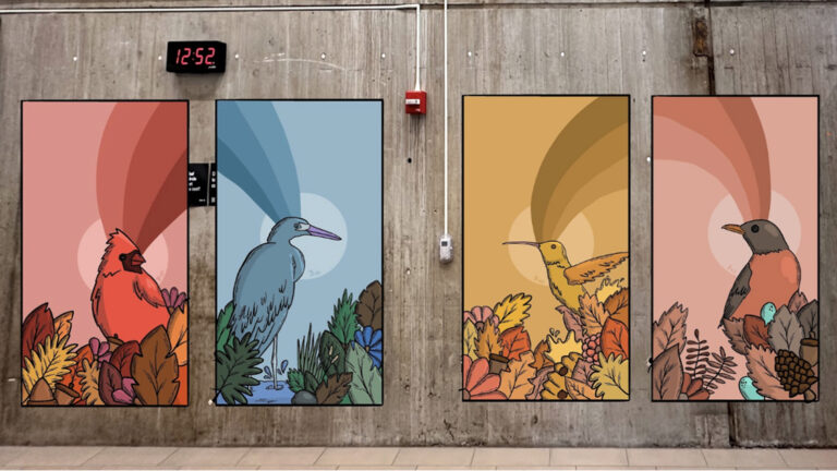 Digital rendering of four large vertical artworks of birds, each with a different monochromatic palette, on a concrete wall.