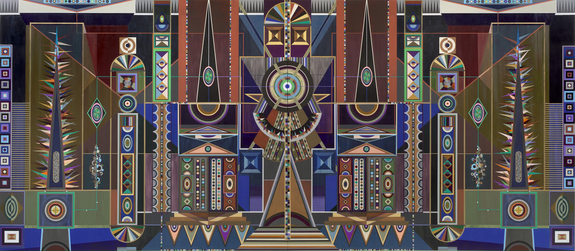 Intricate large painting with geometric abstraction.
